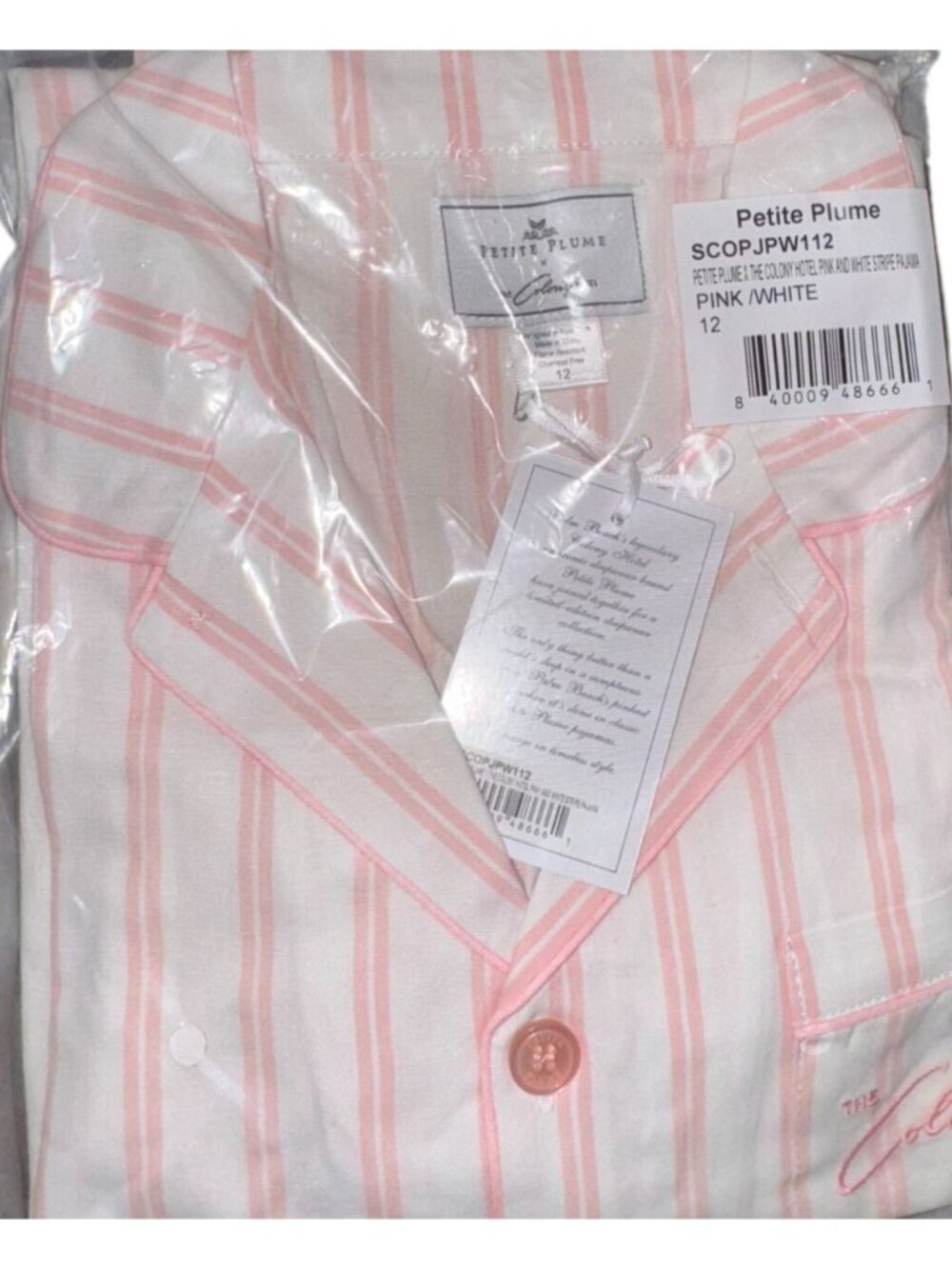 Petite Plume The Colony Hotel Girls Striped Pajama Set Pink & White Size 12 Cott - Picture 10 of 13
